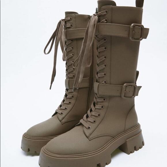 ZARA BLOGGER FAVORITE WAXED FINISH LACED BOOTS 10 army green combat viral TikTok - Picture 2 of 14
